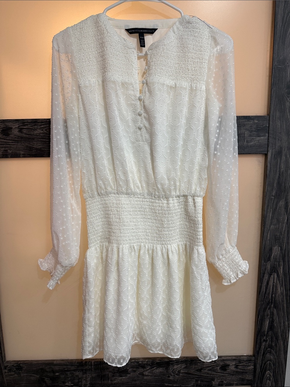 White House Black Market Ivory Textured Long-Sleeve Mini Dress